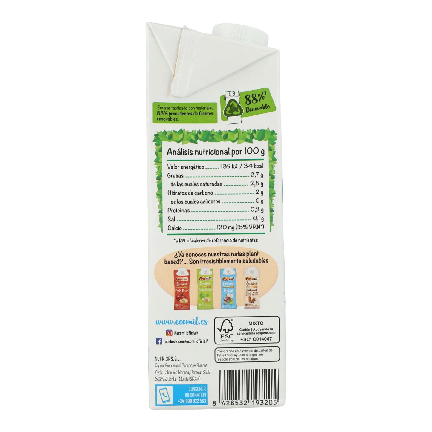 Bebida de Coco Calcio sin azúcar Ecomil 1L