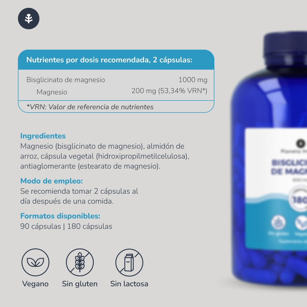 Pack 2xBisglicinato de Magnesio 500 mg Planeta Huerto 180 cápsulas