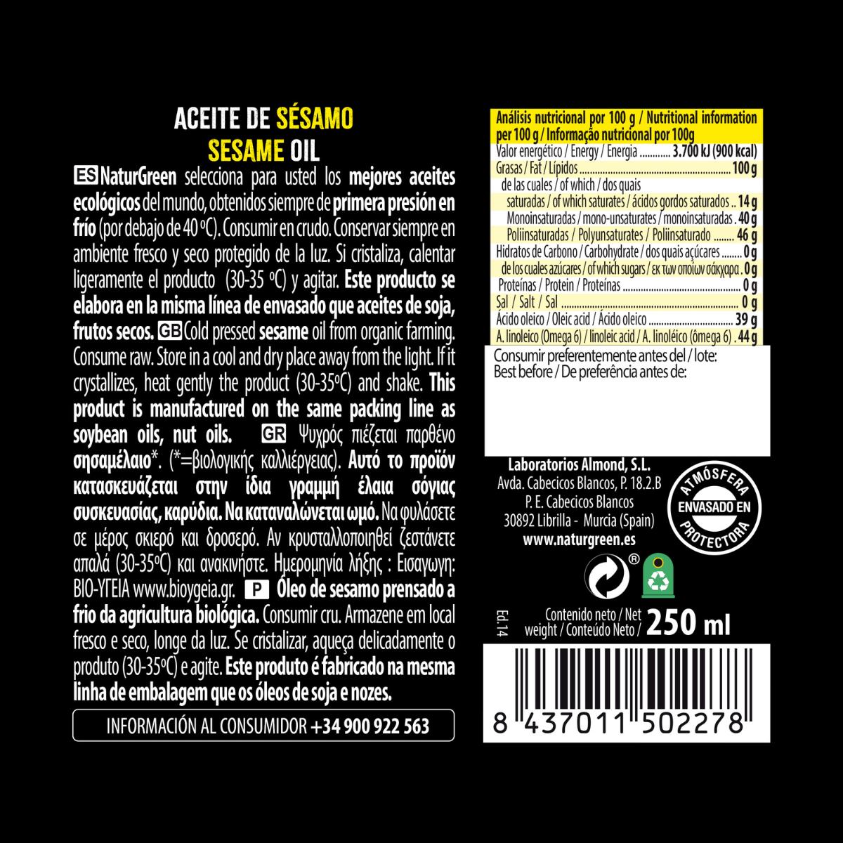Aceite de Sésamo BIO NaturGreen. 250 ml
