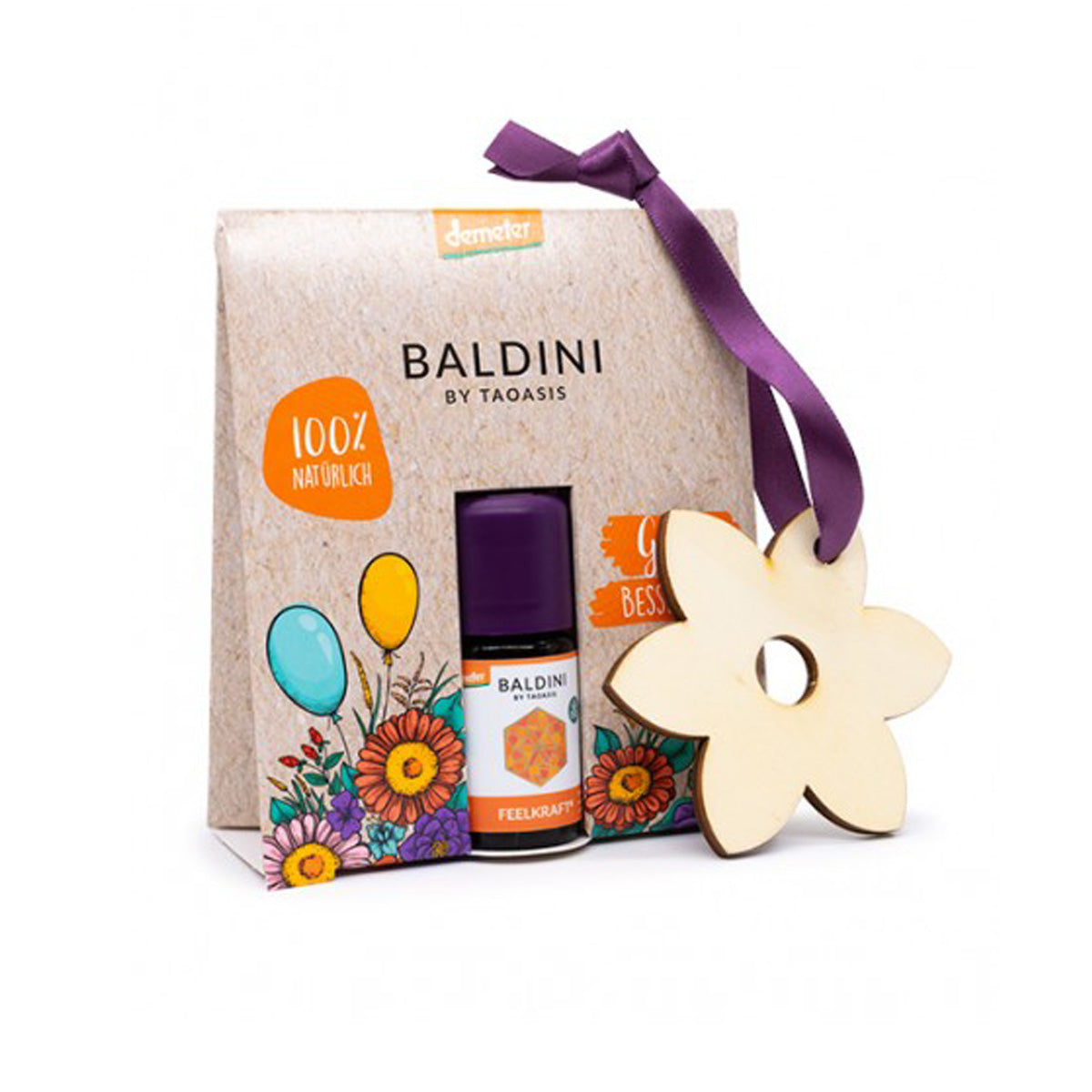 Kit Aroma Energía. Lima, Lemongrass y naranja. 5 ml. y colgante de madera en forma de flor.