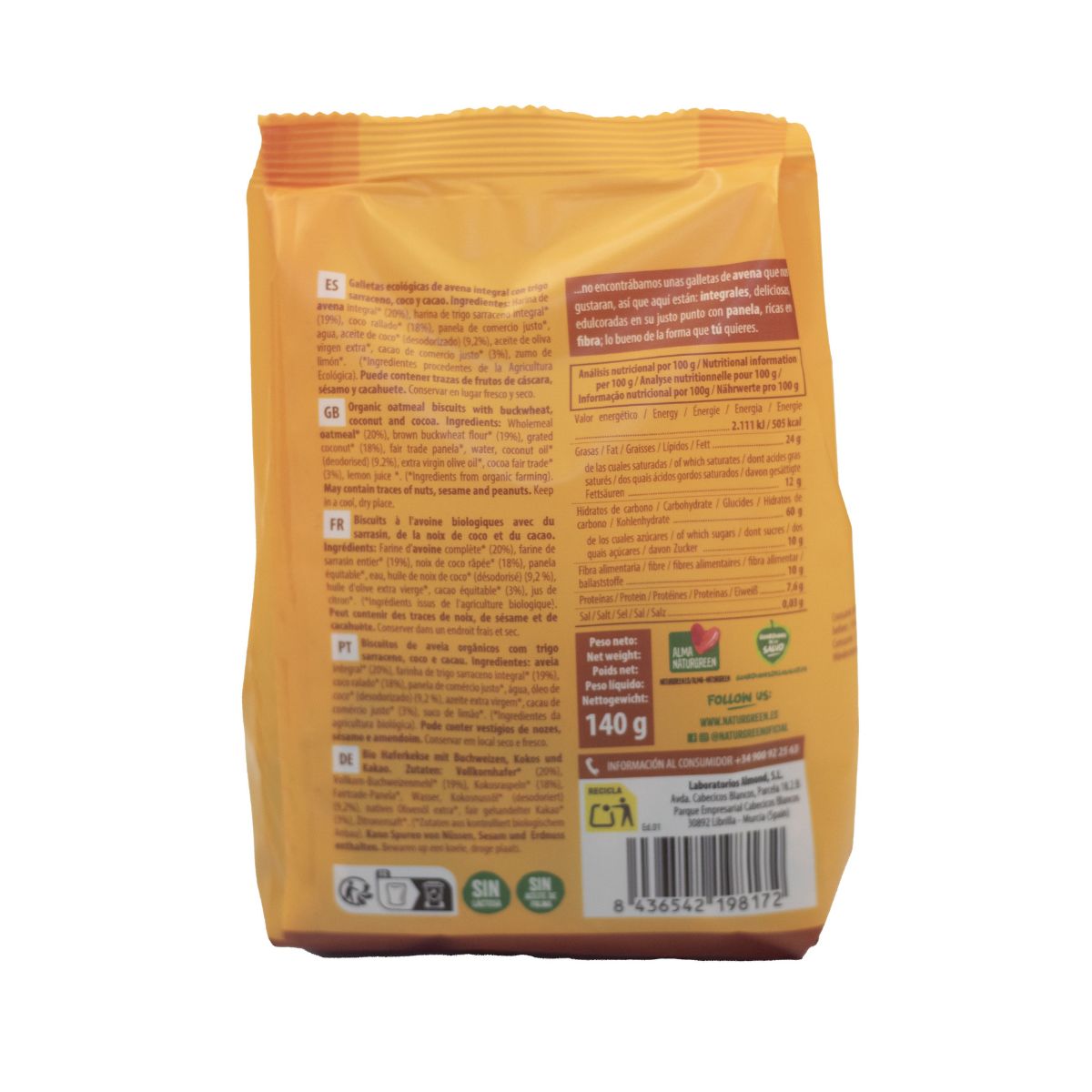 Galleta de Avena Integral con Trigo sarraceno, Coco y Cacao Bio NaturGreen 140 g