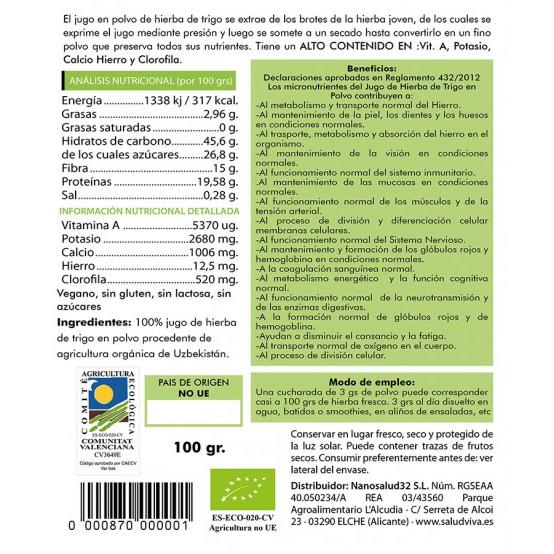 Jugo de hierba de trigo en polvo ECO 100g, Salud Viva
