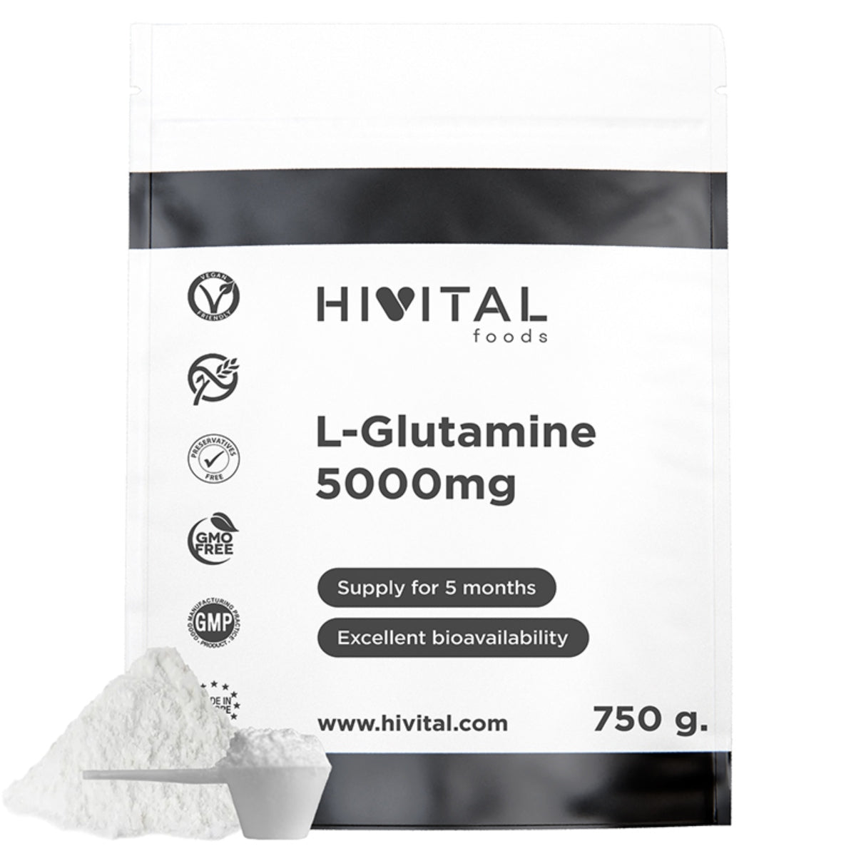 L-Glutamina 5000 mg Hivital 750 gramos de polvo vegano