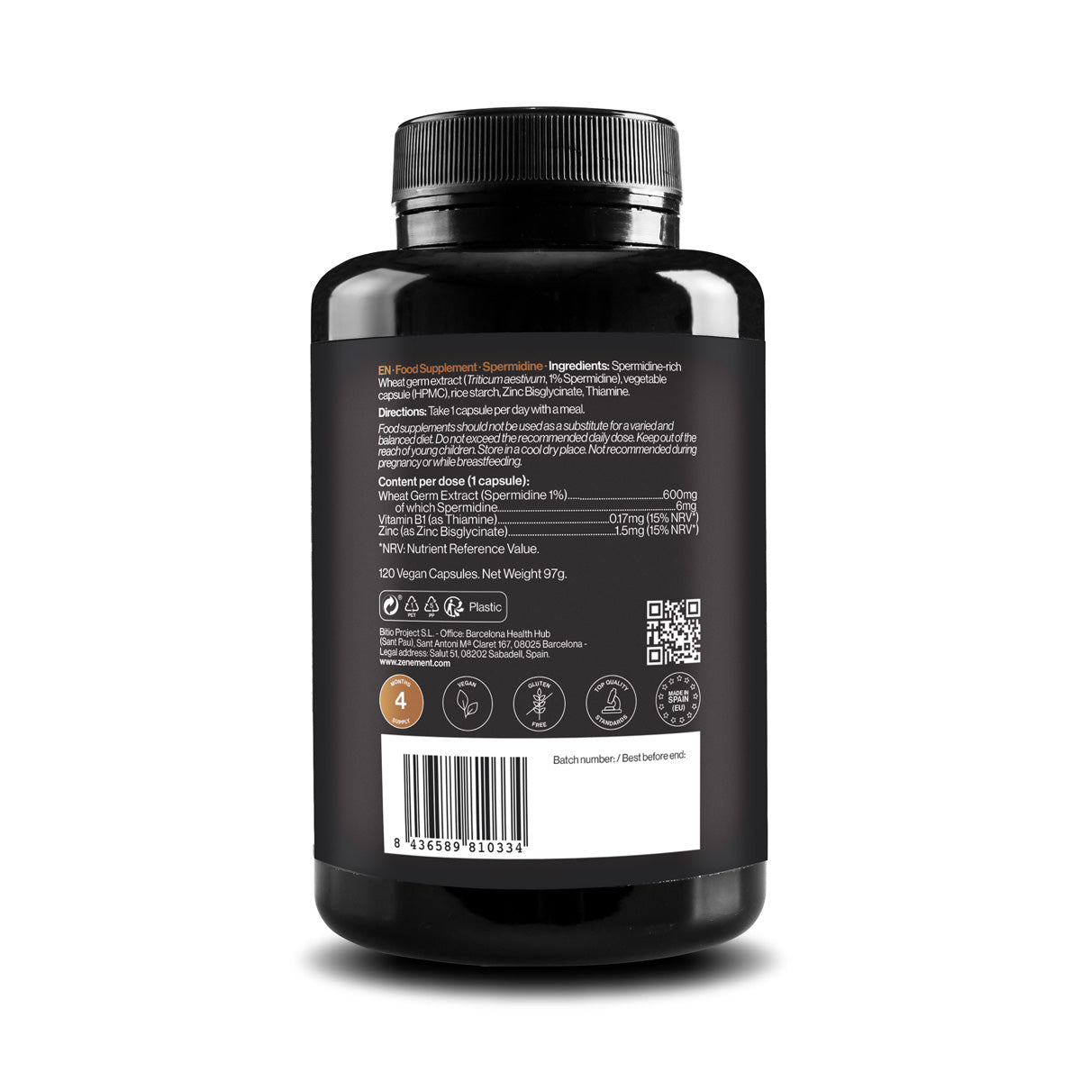 Espermidina, 6 mg, con Vitamina B1 y Zinc, Zenement, 120 Cápsulas Veganas