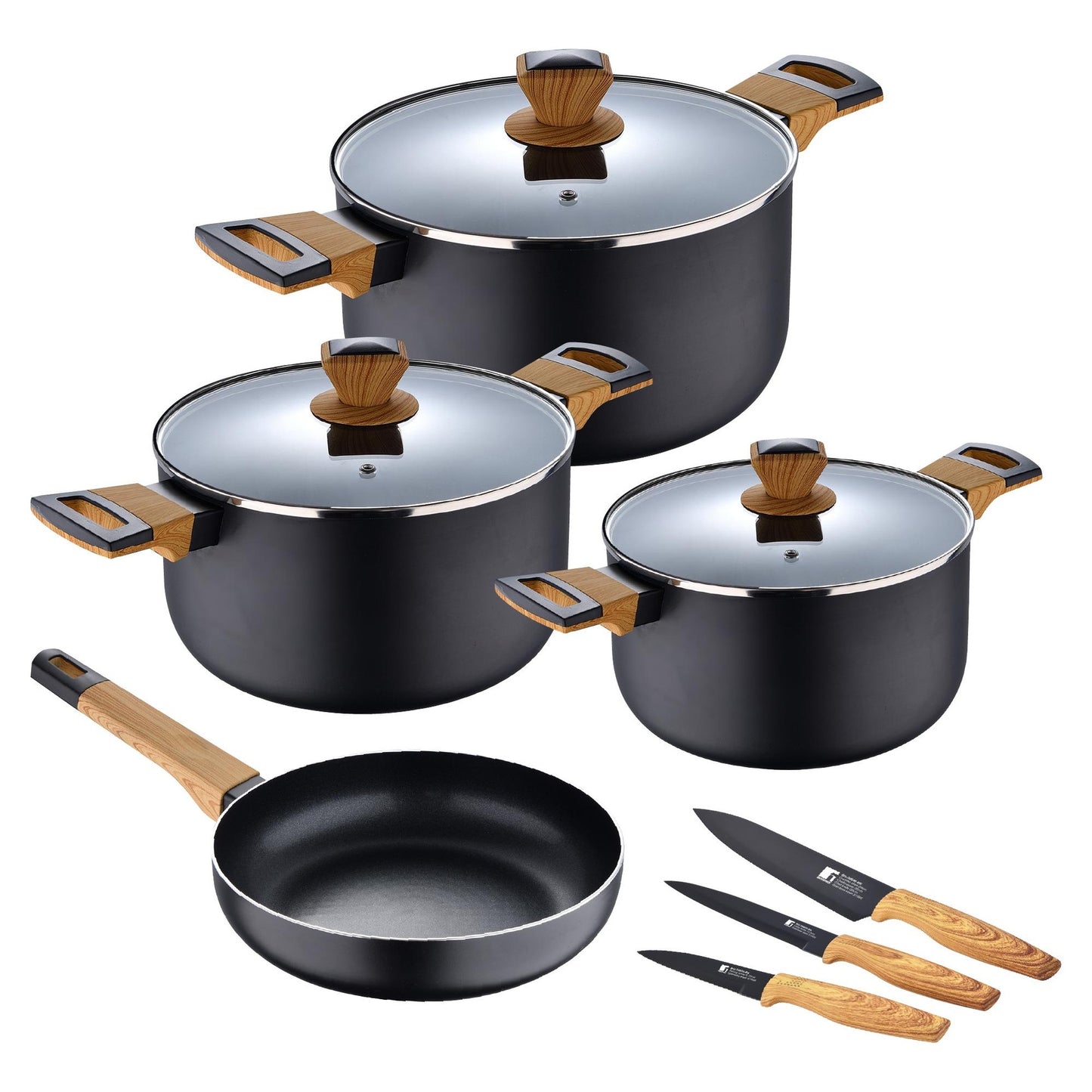 Batería de Cocina de 10 Piezas, 3 cacerolas con tapa + 1 sartén + 3 cuchillos , Fabricada en Aluminio Prensado, BERGNER Earth compatible con Todo Tipo