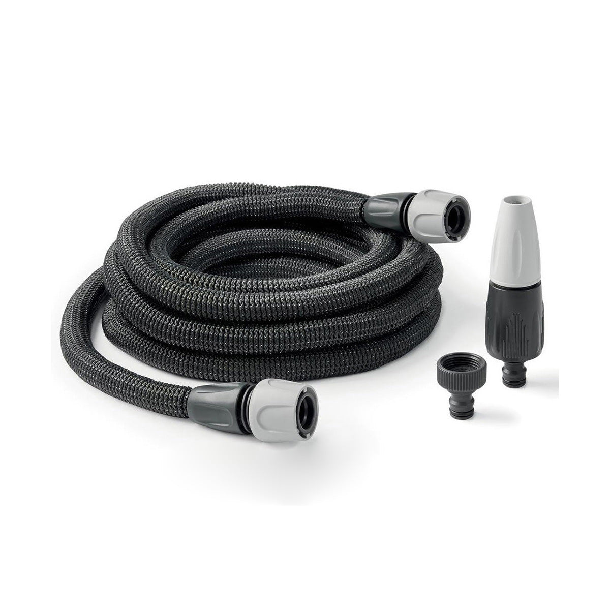 Kit manguera extensible Aquapop Grey Easy 30m con lanza ergónomica, racores y nariz de grifo