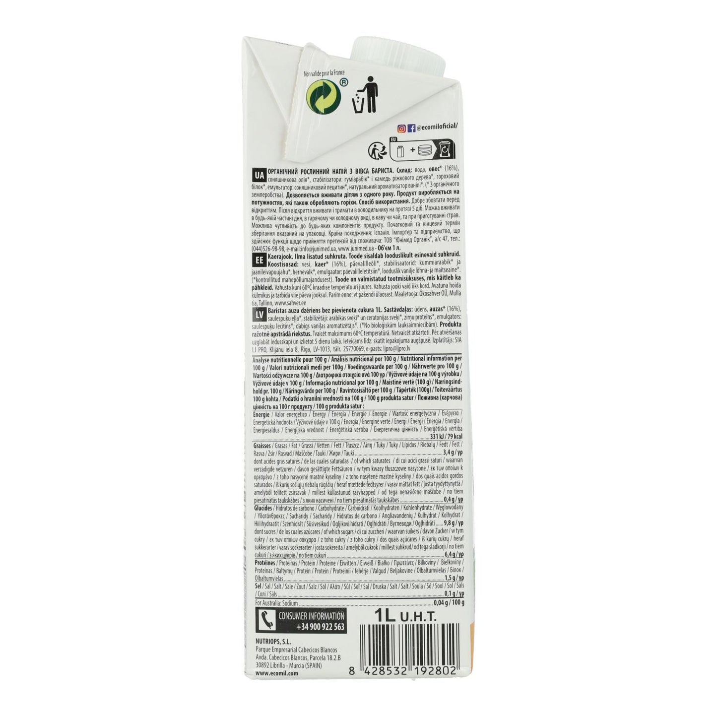 Bebida vegetal Barista Avena BIO EcoMil 1 L