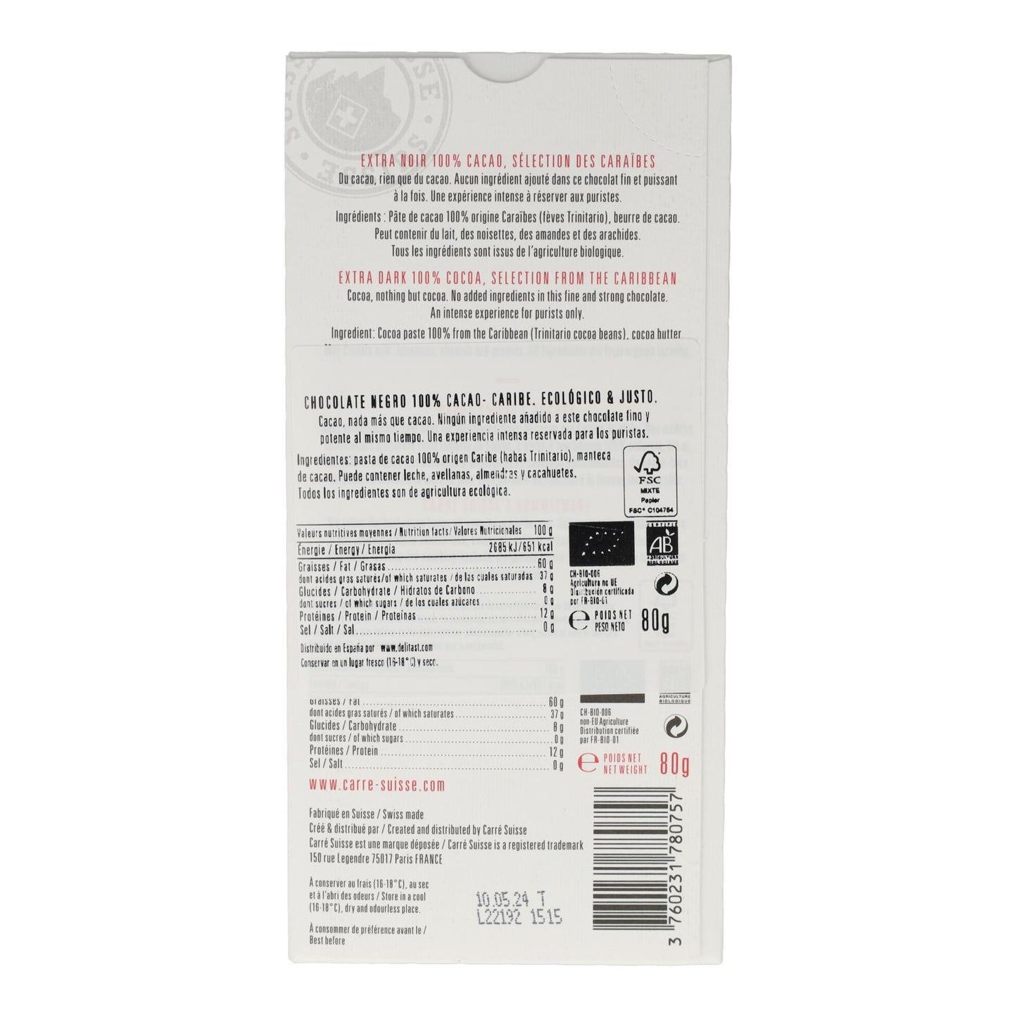 Tableta Chocolate Negro 100% Caribe Chocolates Carré Suisse 80 g