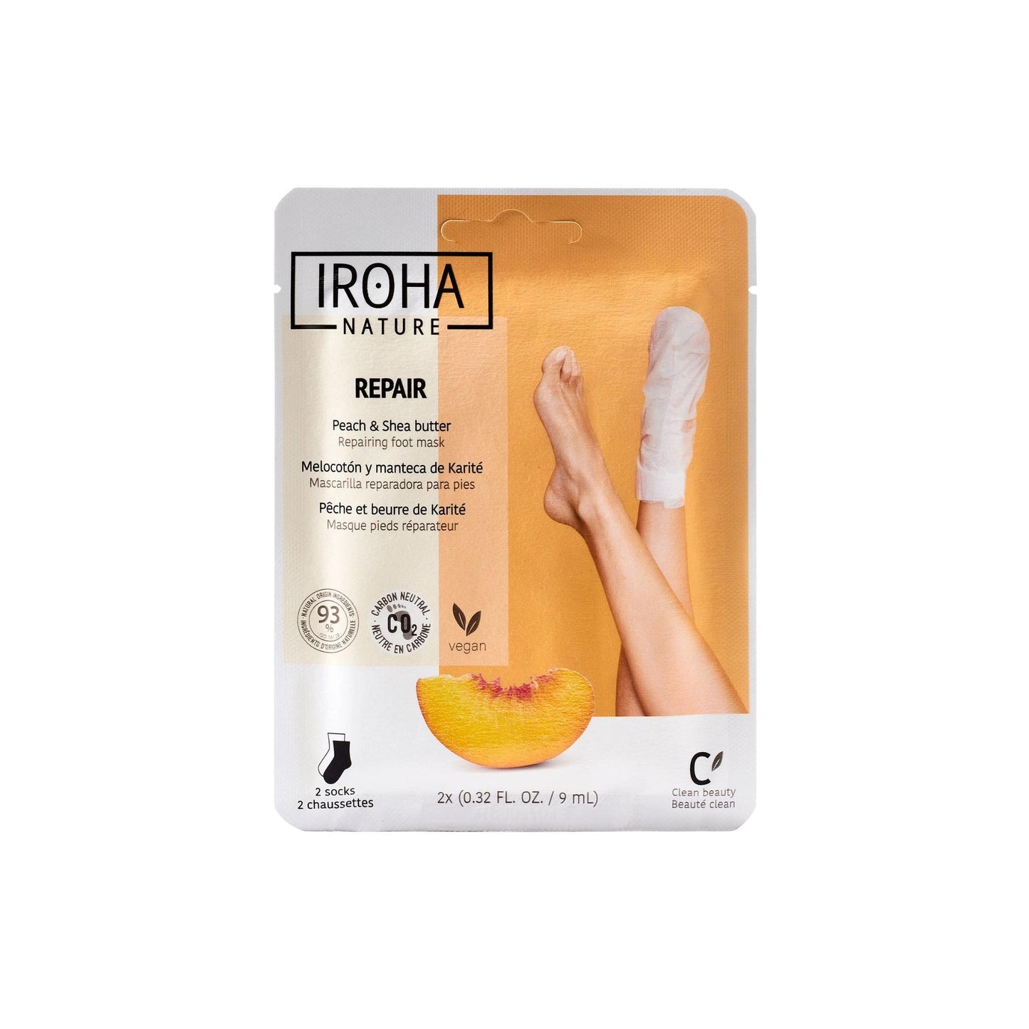 Calcetines Mascarilla reparadores Melocotón y Manteca de Karité Iroha Nature 2 x 9 ml
