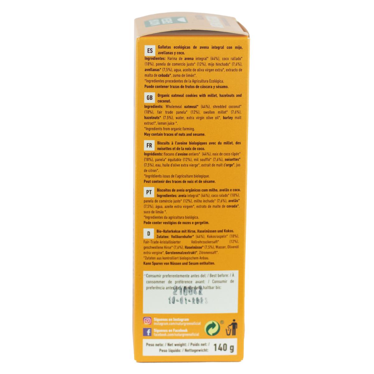 Galletas Veganas de Avena Integral con Mijo, Avellanas y Coco Bio Naturgreen 140 g