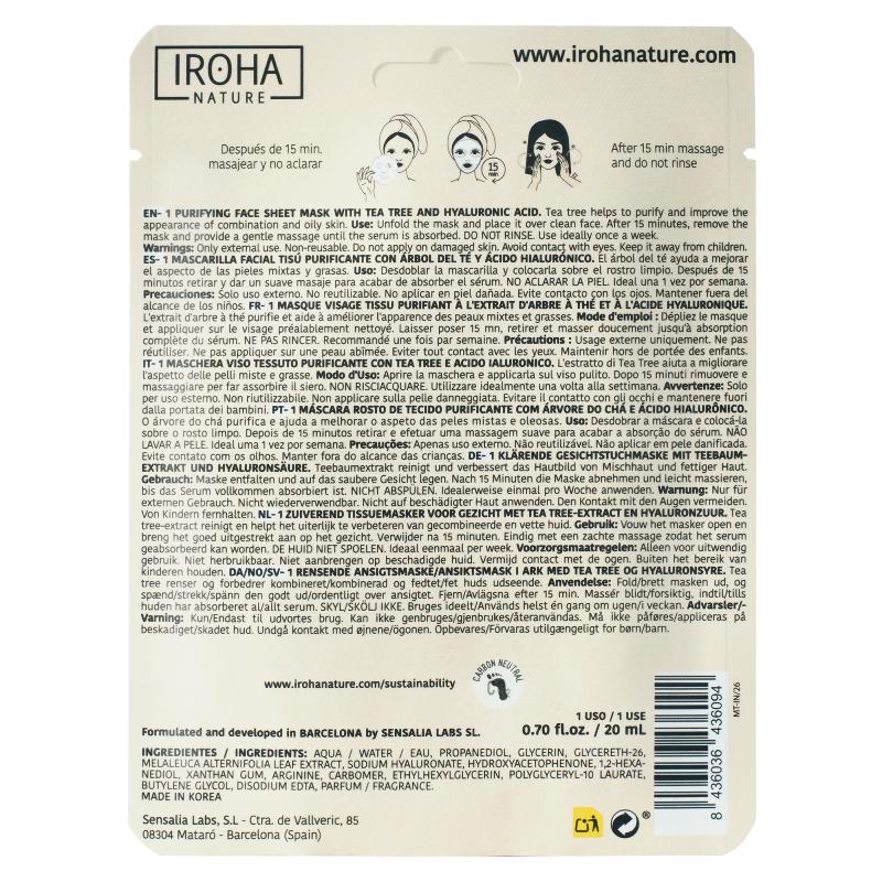 Mascarilla Facial Tisú Purificante con Árbol del Té Iroha Nature 20 ml