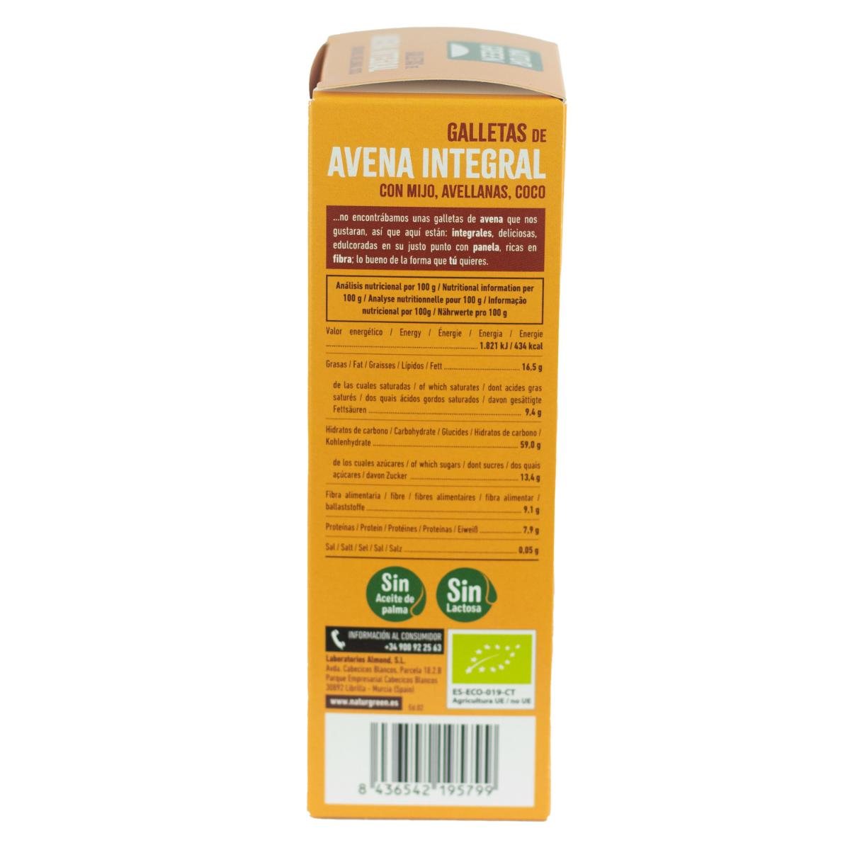 Galletas Veganas de Avena Integral con Mijo, Avellanas y Coco Bio Naturgreen 140 g
