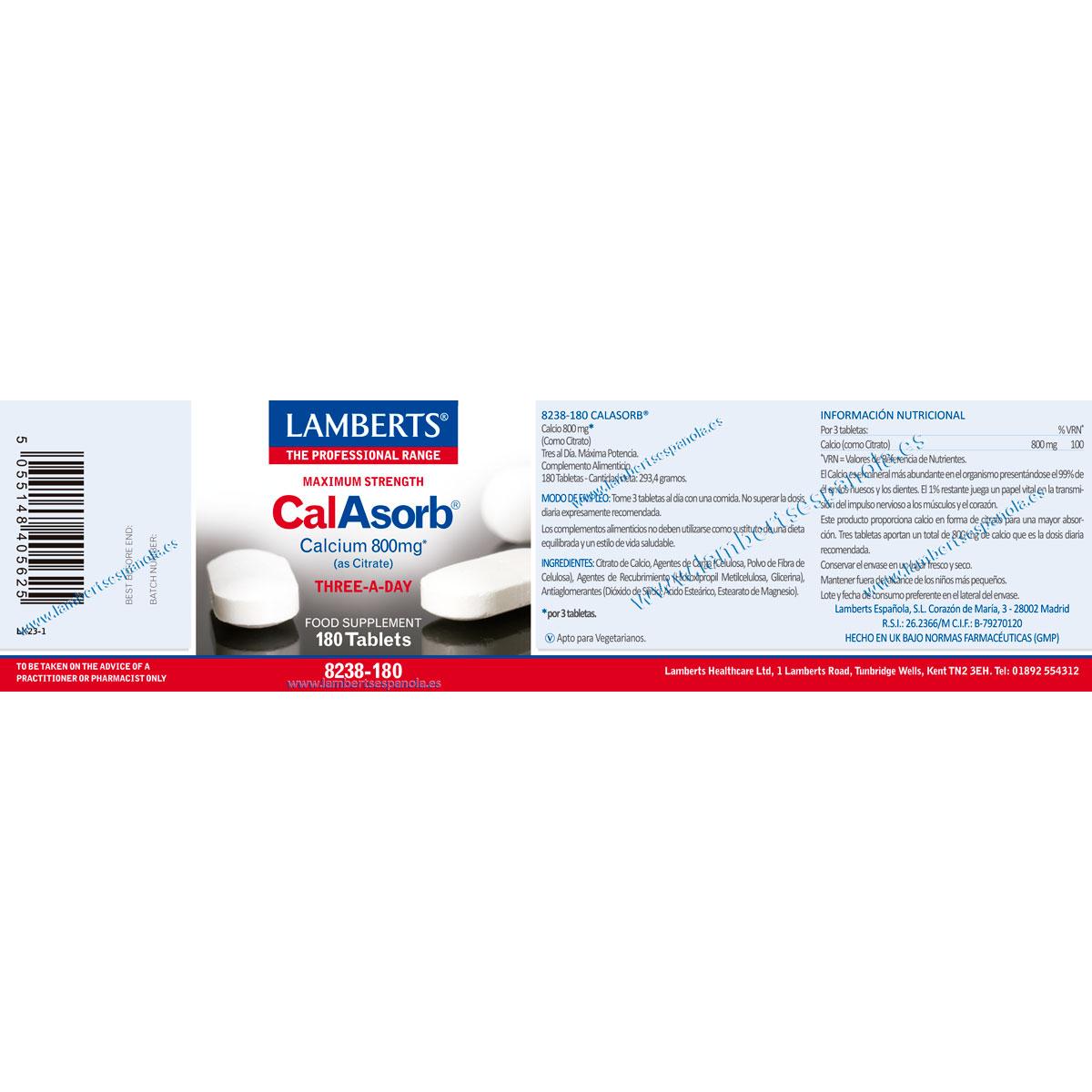 CalAsorb 180 tabletas Lamberts 800mg