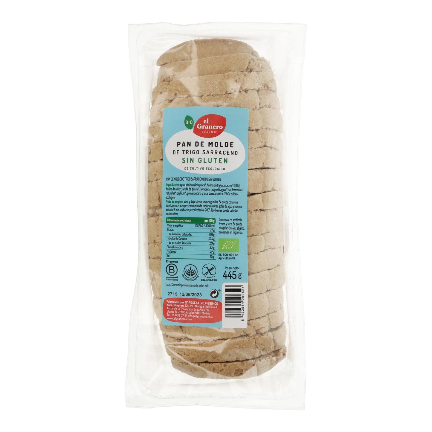 Pan de Molde Trigo Sarraceno sin gluten bio El Granero 445 g