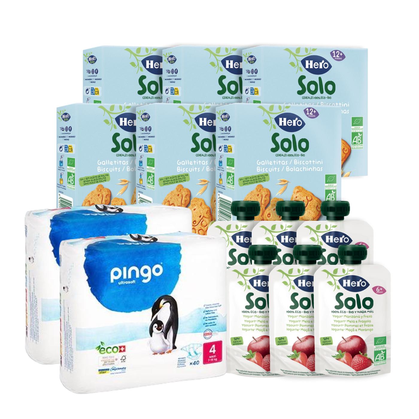 Pack 6 Pouch BIO de Yogur, Manzana y Fresa + 6 Galletitas animales Hero + Pañales T4 (7-18kg) Pingo 80 uds