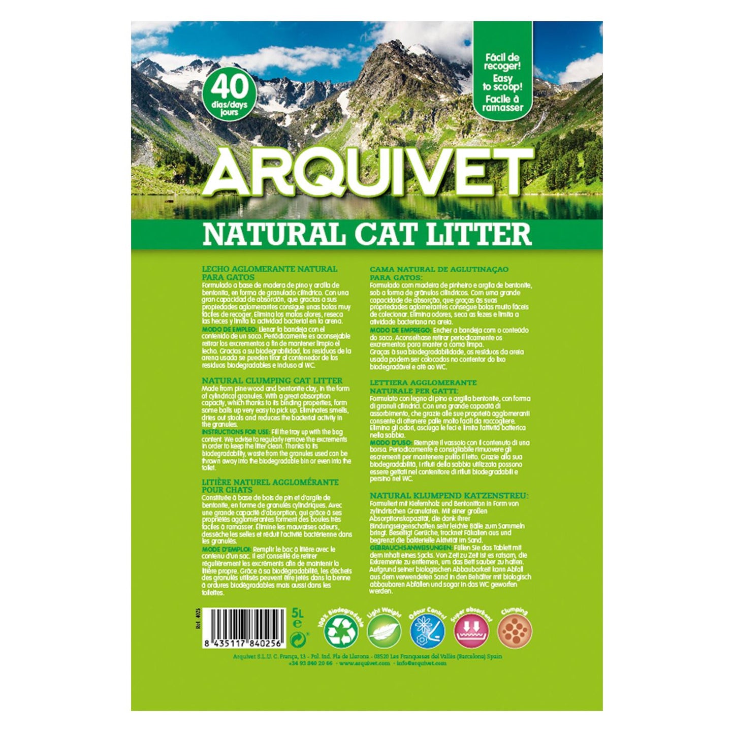 Arena mixta aglomerante Natural Cat Litter Arquivet 5 L
