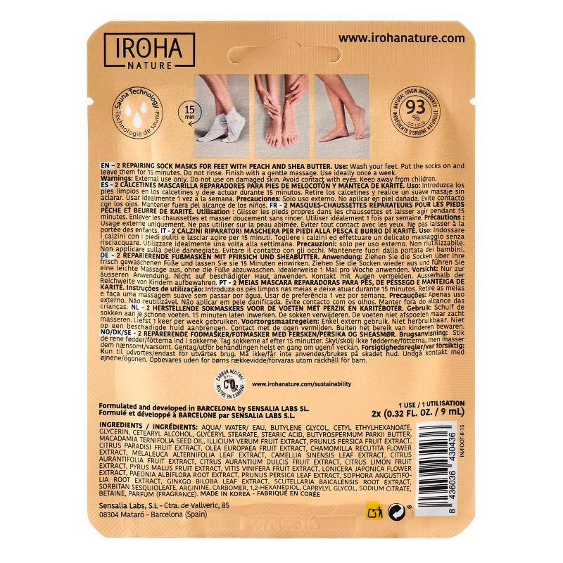 Calcetines Mascarilla reparadores Melocotón y Manteca de Karité Iroha Nature 2 x 9 ml