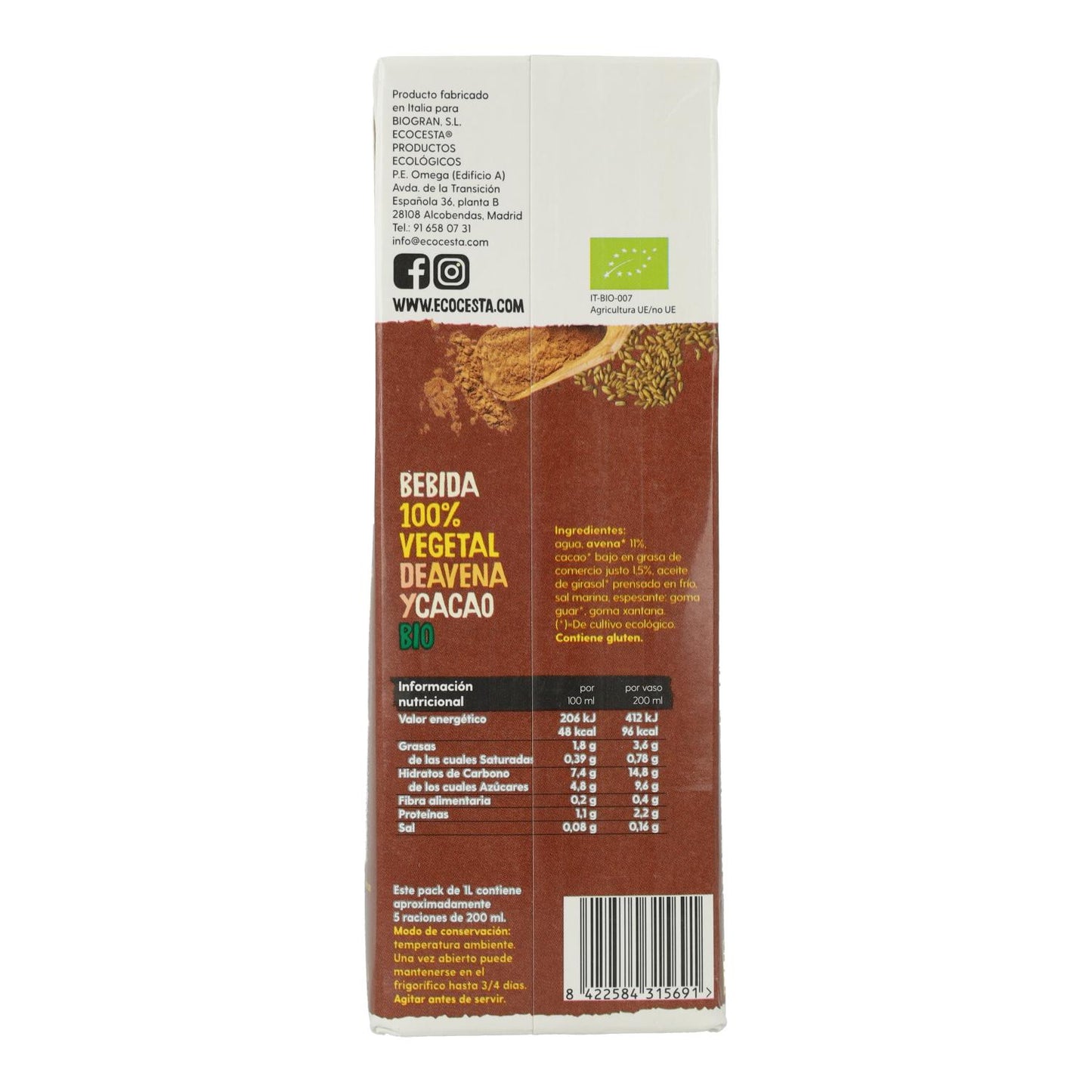Bebida Vegetal de Avena con Cacao Bio, 1L Ecocesta