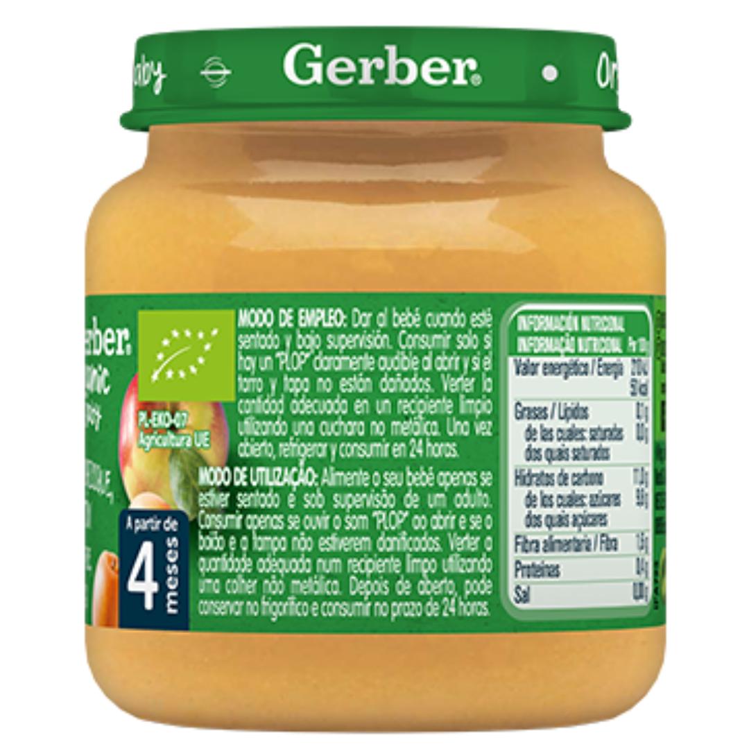 Tarrito de puré de frutas ecológico para bebés de Manzana, Albaricoque y Melocotón Gerber 125 g