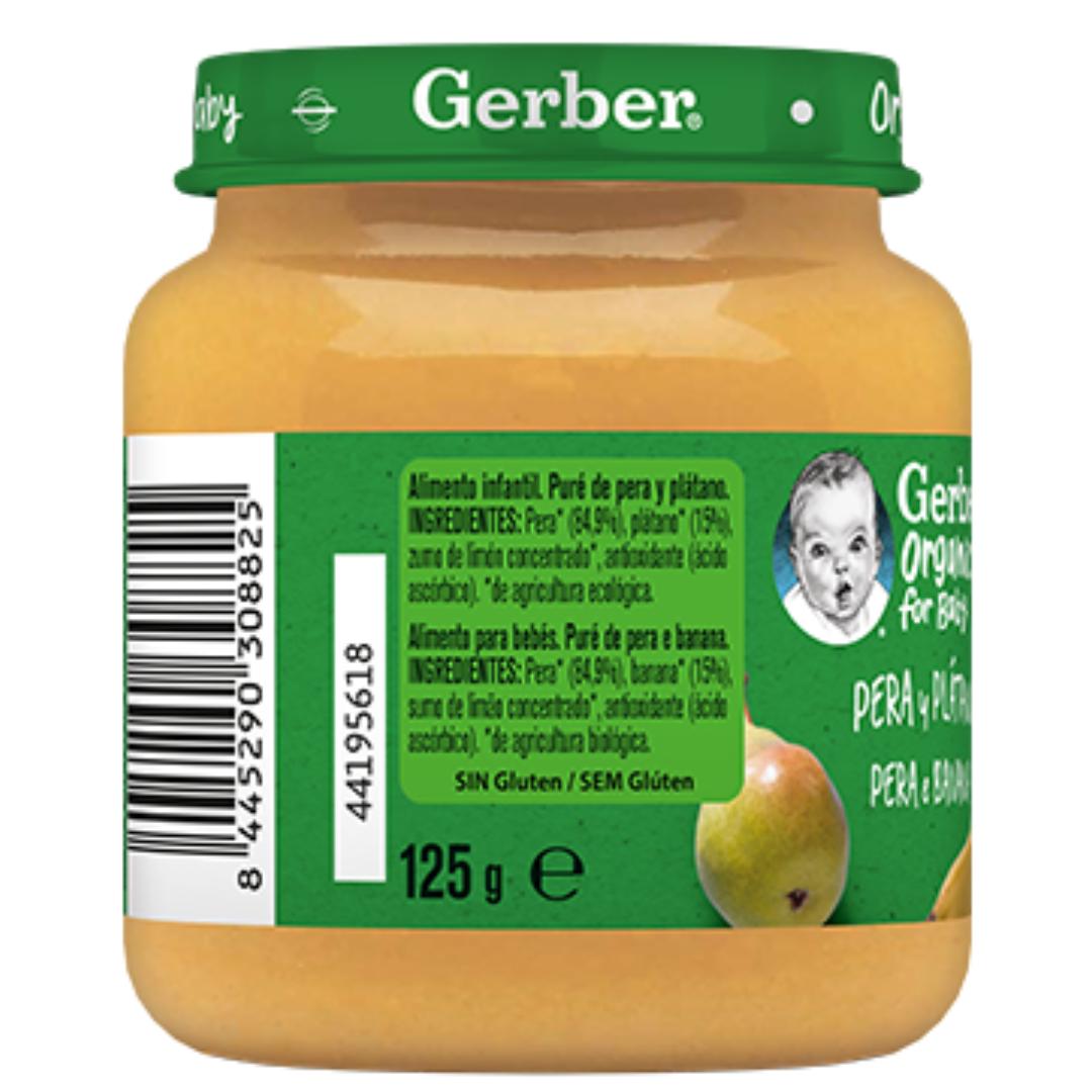 Tarrito de puré de frutas ecológico para bebés de Pera y Plátano Gerber 125 g
