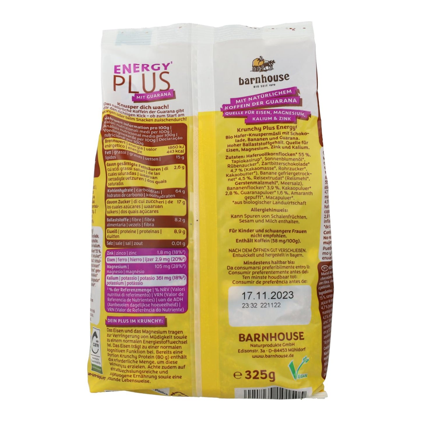 Muesli Krunchy Energy Plus de Chocolate, Plátano y Guaraná BIO Barnhouse 325 gr