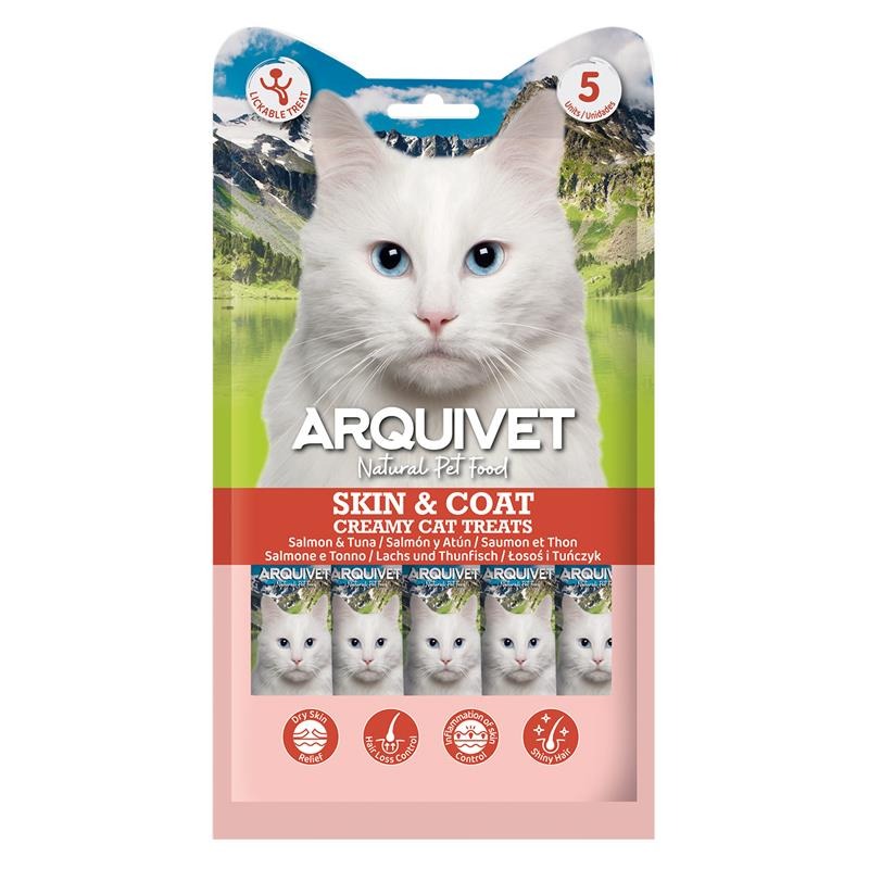 Creamy Cat Treats Snack cremoso funcional Skin & Coat Salmón y Atún Arquivet 5x14 g