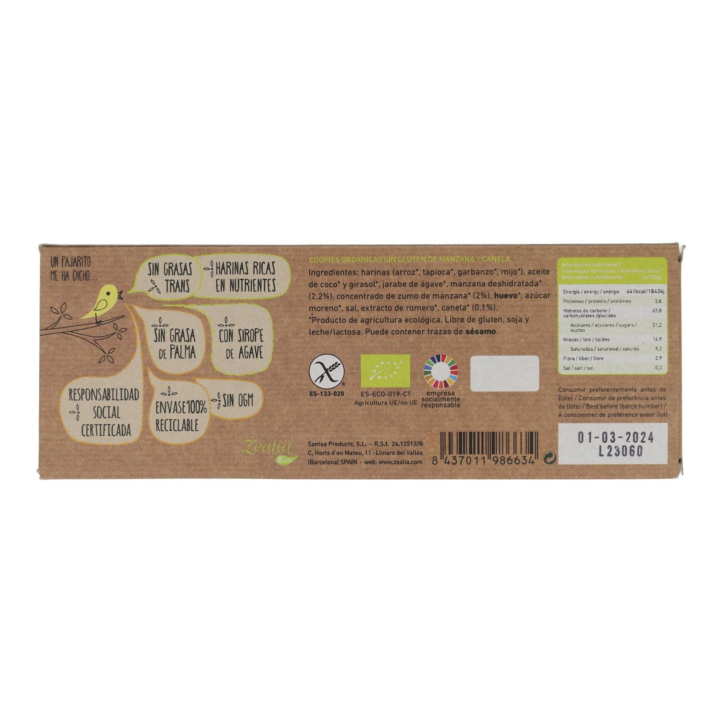 Cookies de Manzana y Canela BIO Sin Gluten Zealia, 135 g