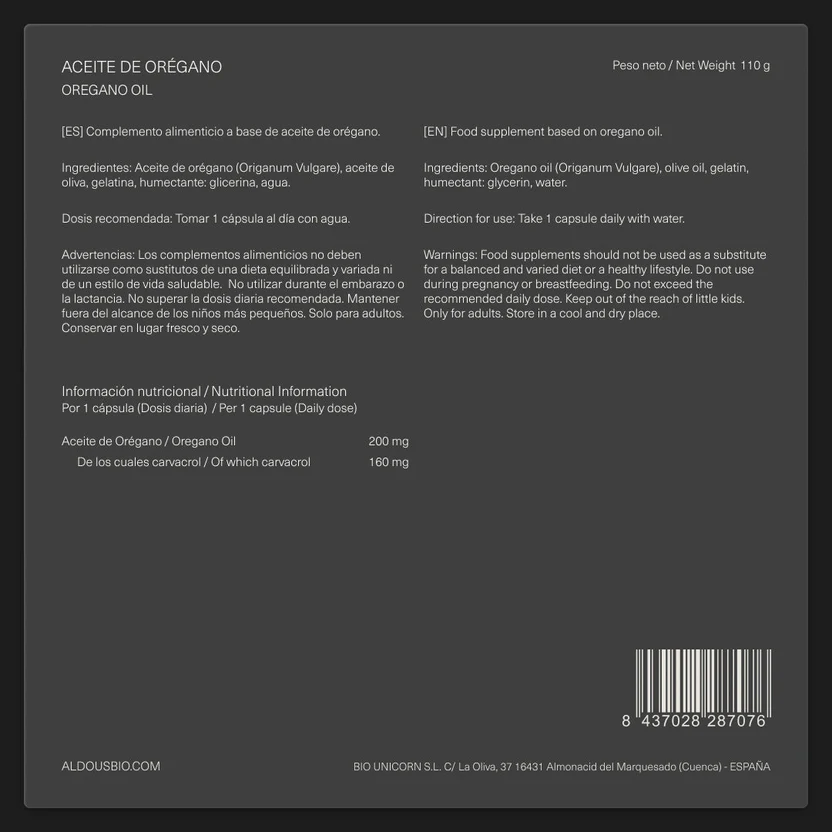 Aceite de Orégano 200 mg, 160 mg de Carvacrol Aldous Bio 200 Perlas
