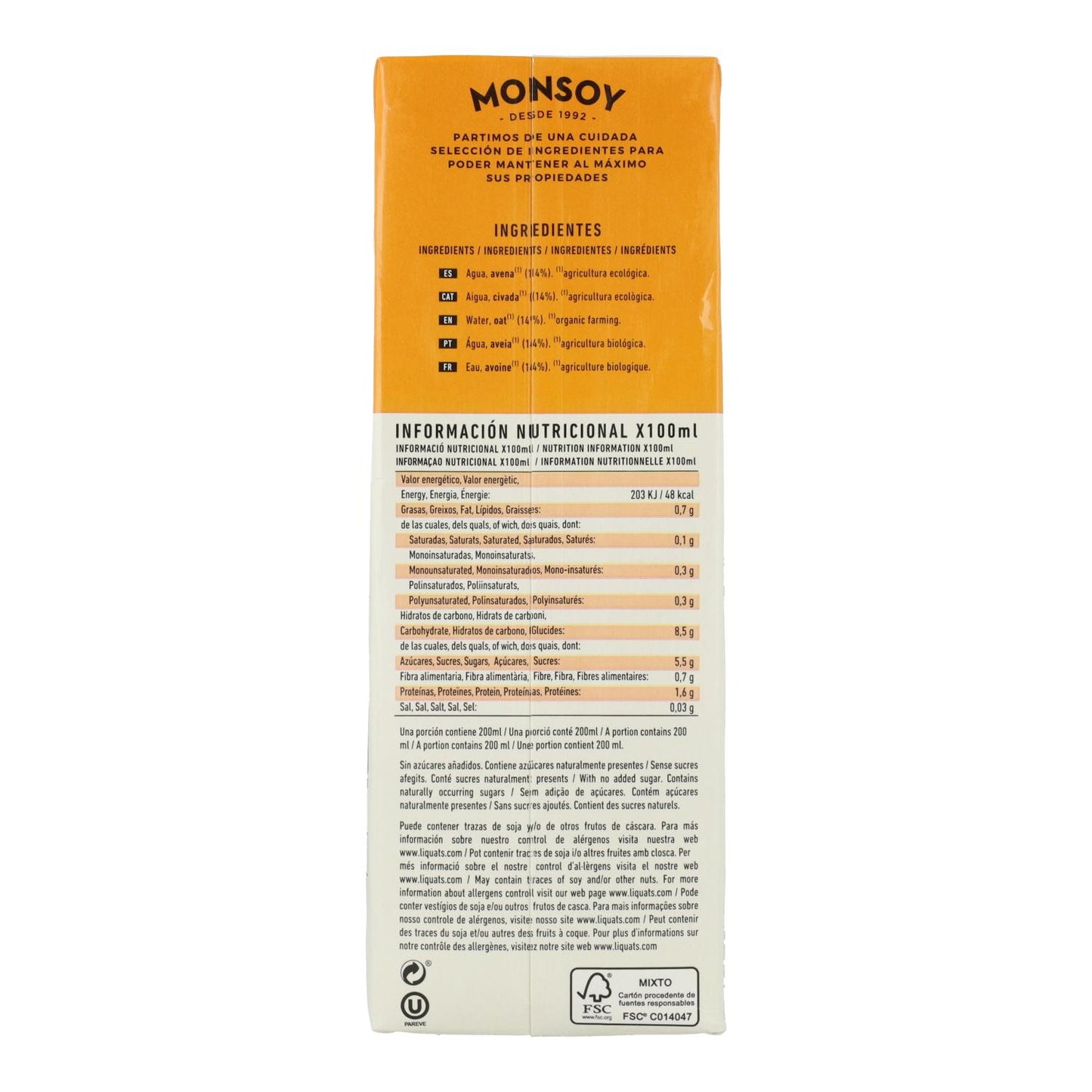 Pack 6 uds Bebida Avena BIO Monsoy 1 L