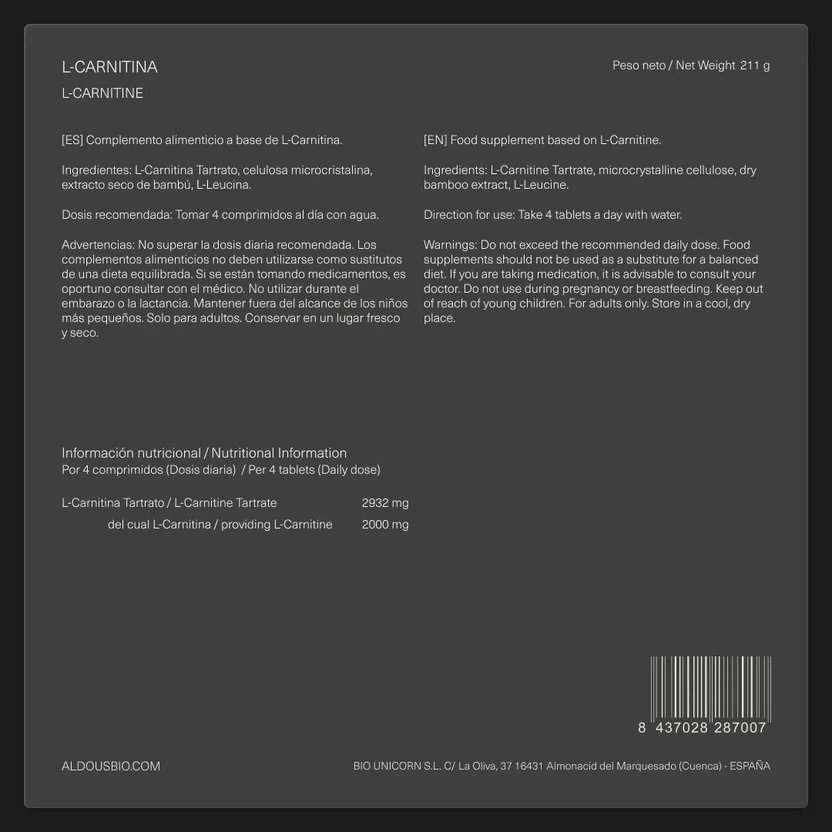 L Carnitina 2000mg Aldous Bio 200 Comprimidos