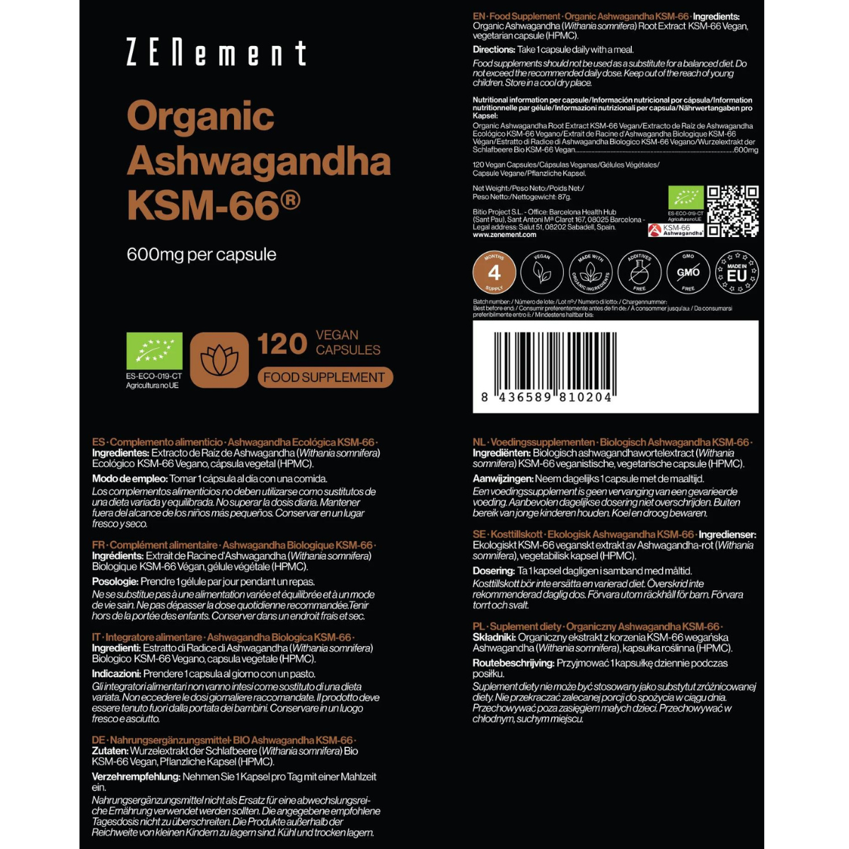 Ashwagandha ECO KSM-66 vegano Zenement 120 comprimidos