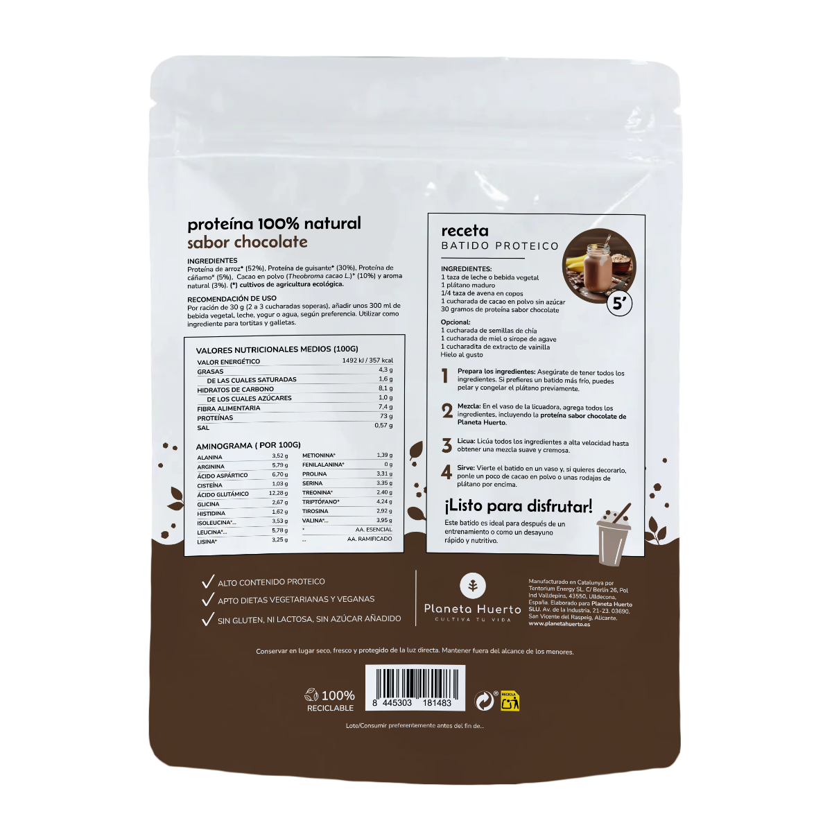 Proteína vegetal ECO 73% chocolate Planeta Huerto  1Kg