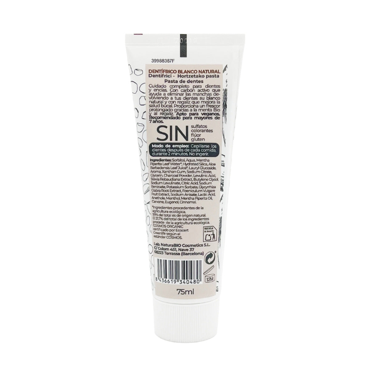 Pasta de Dientes Blanco Natural con Regaliz & Carbón Activo Sin Flúor, NaturaBIO Cosmetics, 75 ml