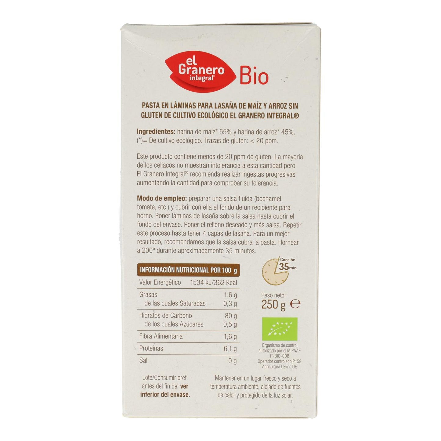 Láminas para Lasaña de Maíz sin Gluten Bio El Granero, 250 g