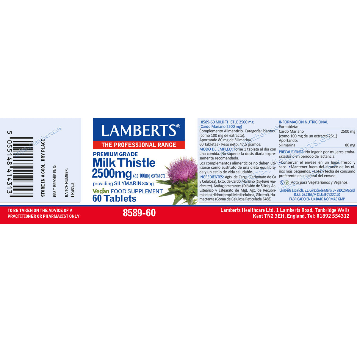 Cardo Mariano 2500 mg Lamberts, 60 comprimidos