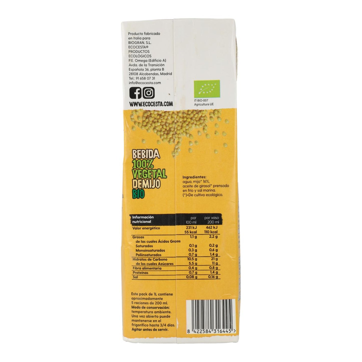 Bebida Vegetal de Mijo sin azúcar añadido, 1L Ecocesta