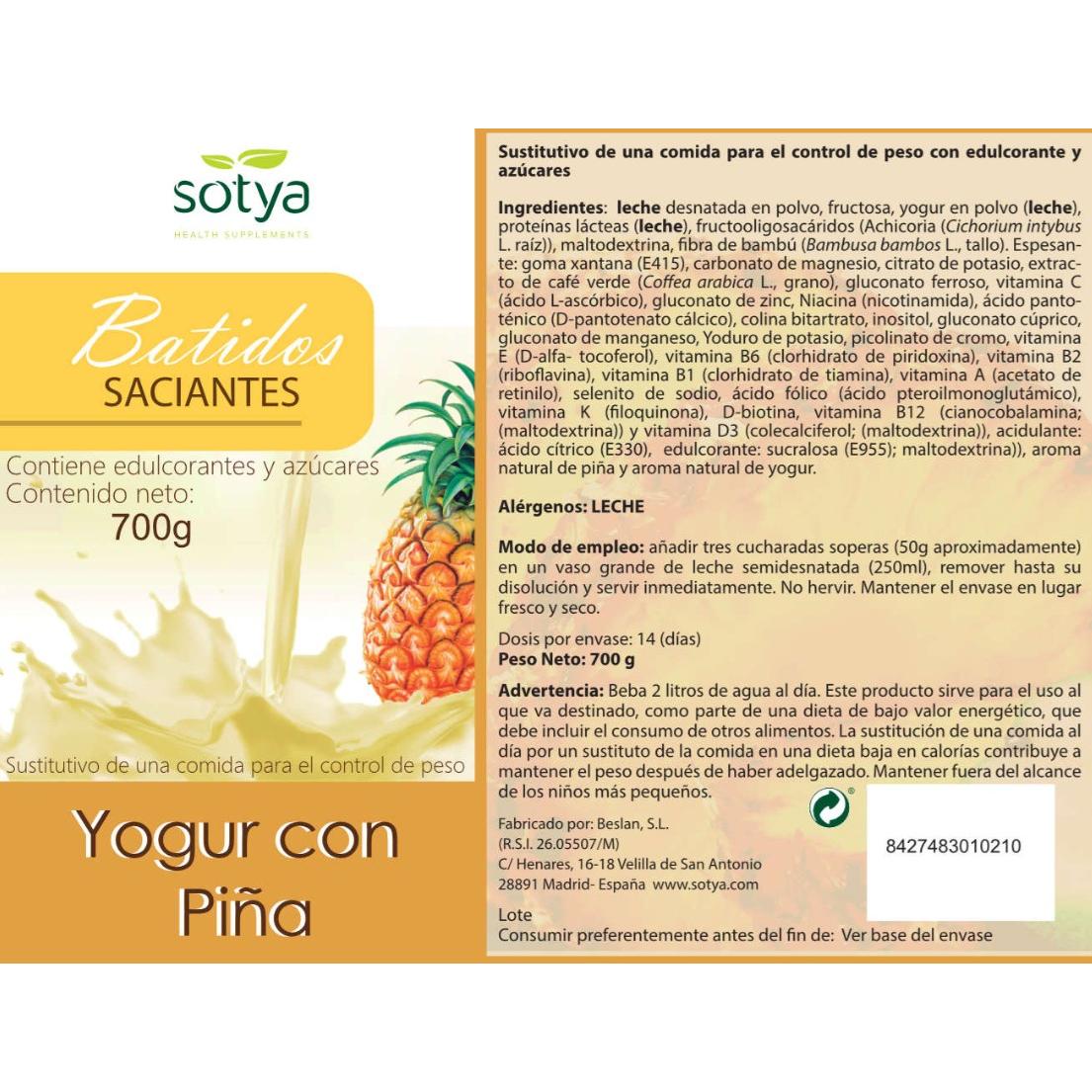 Batido saciante Yogur Piña Sotya 700 g