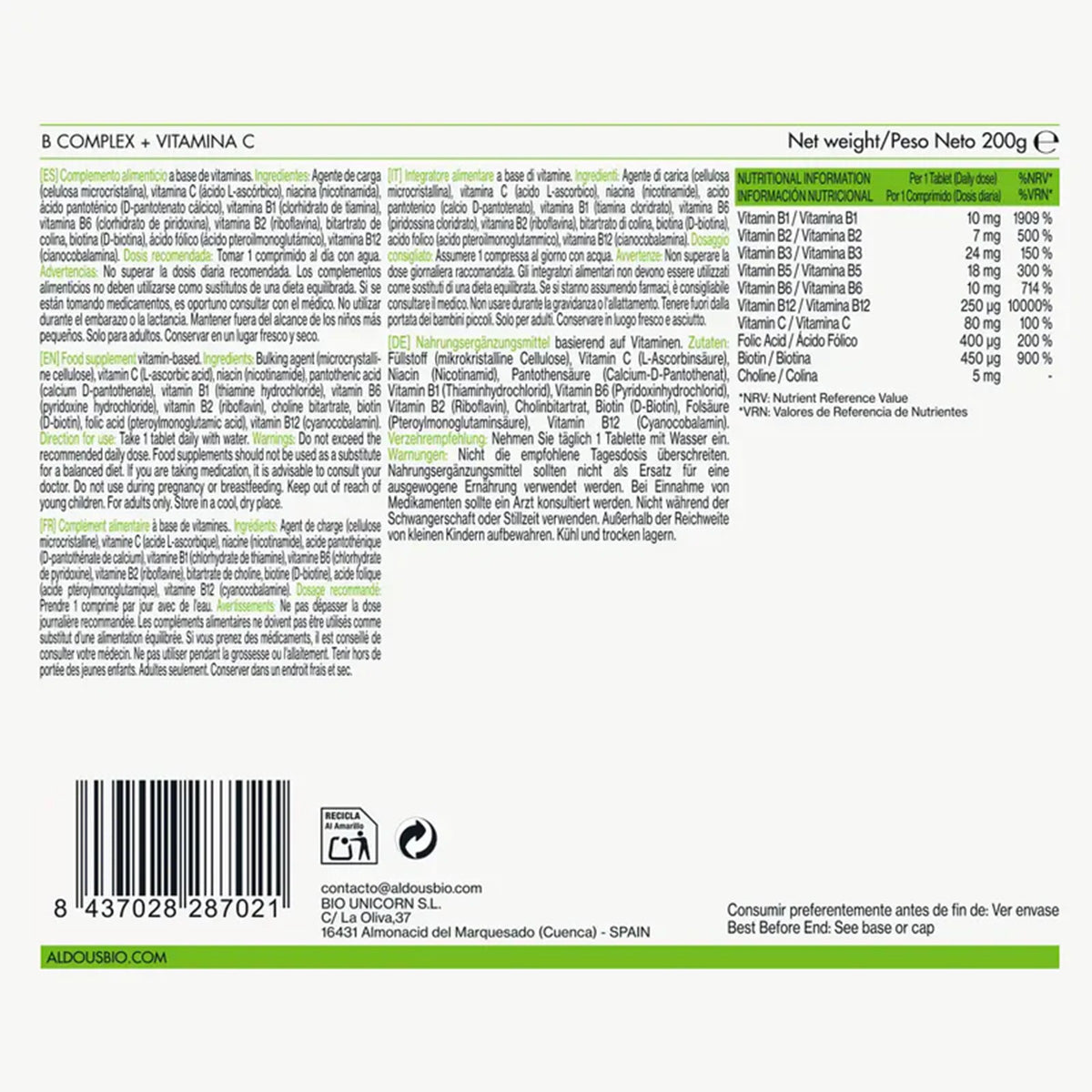 Vitamina B Complex + Vitamina C Aldous 400 Comprimidos