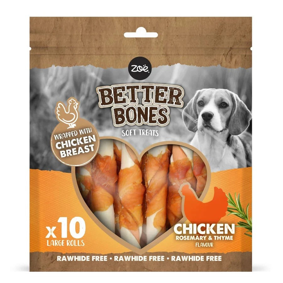 Rolls grandes envueltos en pollo para perros Zoë Better Bones Pollo 12,5cm, 10 pcs