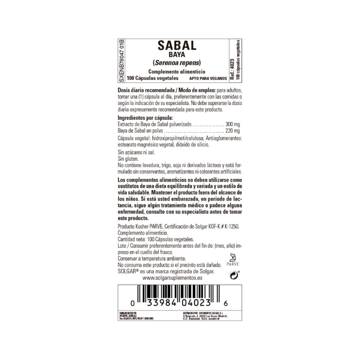 Sabal (Saw Palmetto), 100 cápsulas vegetales