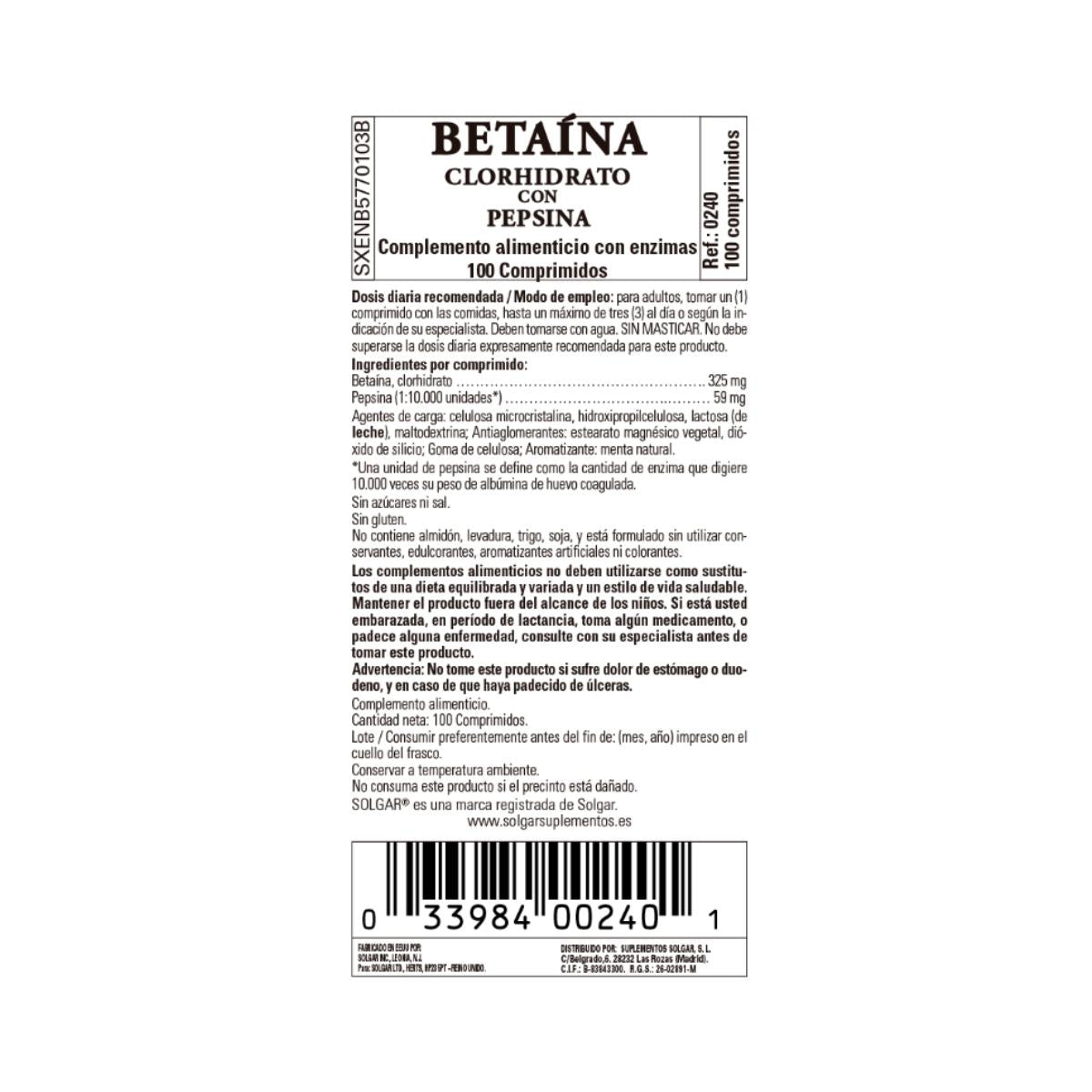 Betaína Clorhidrato con Pepsina, 100 Comprimidos