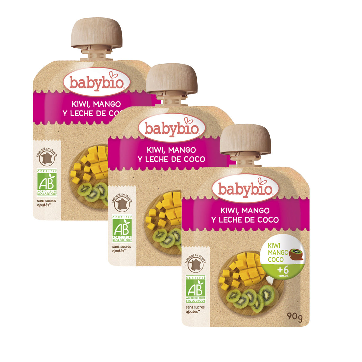 Pack 3x Pouch de fruta: Kiwi, Mango y bebida de coco, Babybio, 90 g