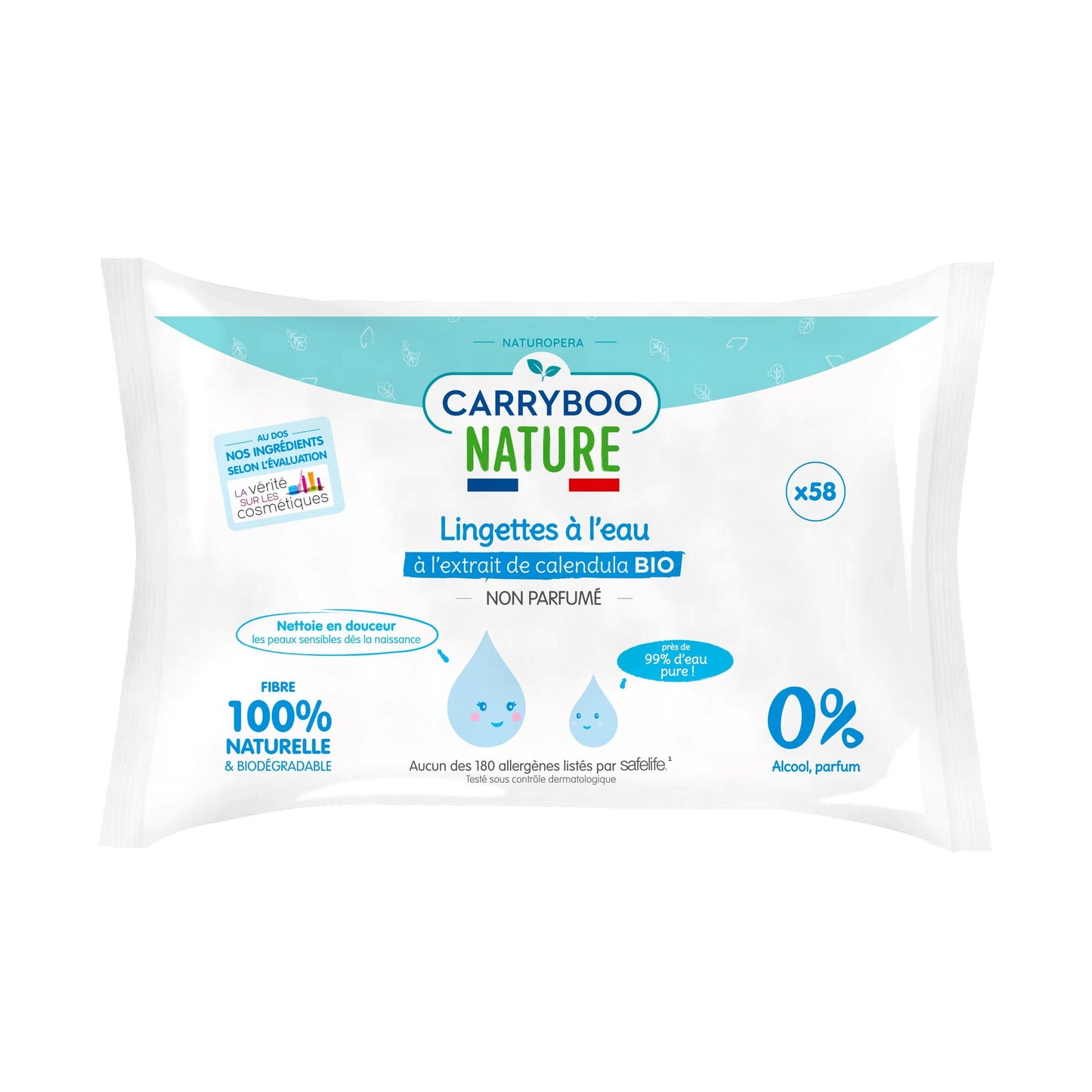 CARRYBOO - Toallitas de agua pura con extracto de caléndula Bio - Paquete de 58
