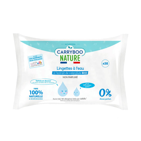 CARRYBOO - Toallitas de agua pura con extracto de caléndula Bio - Paquete de 58