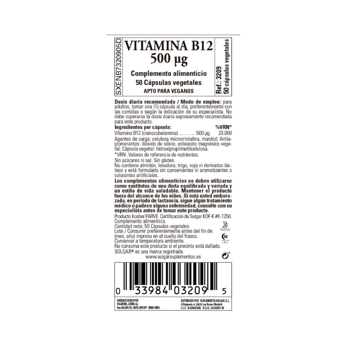 Vitamina B12, 50 cápsulas vegetales de 500μg (Cereza)