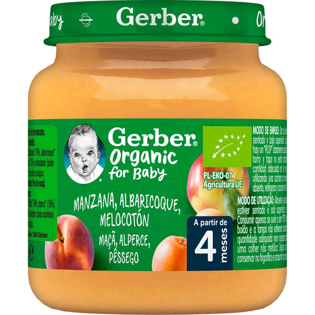 Tarrito de puré de frutas ecológico para bebés de Manzana, Albaricoque y Melocotón Gerber 125 g