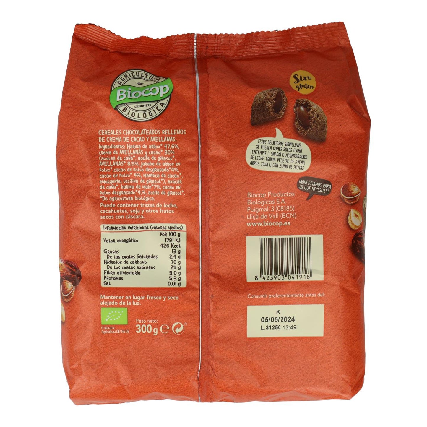 Biopillows cacao avellanas sin gluten Biocop 300 g