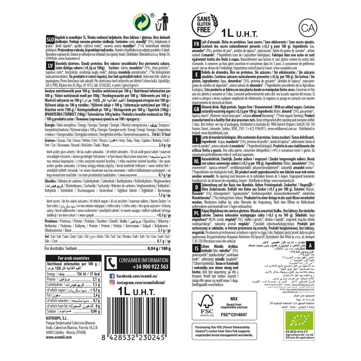 Bebida Vegetal Almendra Bio EcoMil 1 L