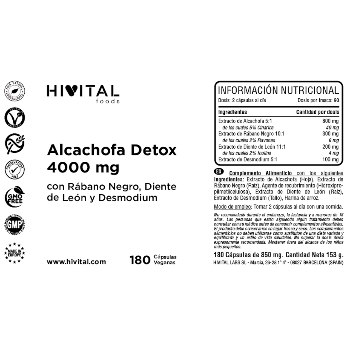 Alcachofa Detox 4000 mg Hivital 180 cápsulas veganas