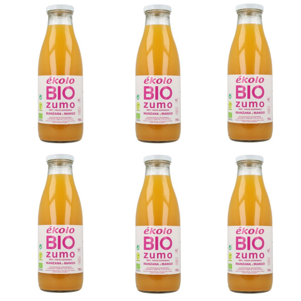Pack 6x Zumo de Manzana con Mango natural 100% exprimido Ecológico Ékolo 750 ml